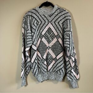✨ Vintage Logic Gray Pink Black Patterned Sweater Medium Made‎ in USA